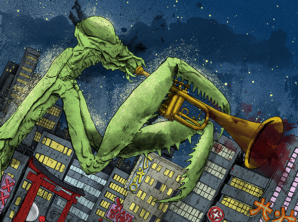 Image of a Giant Mantis Playing a Trumpet - Artist: Jonas Hastings